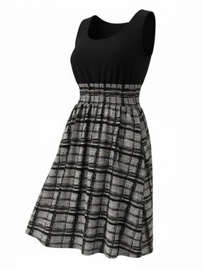 Sleeveless Black & Gray Plaid Fit-and-Flare Dress